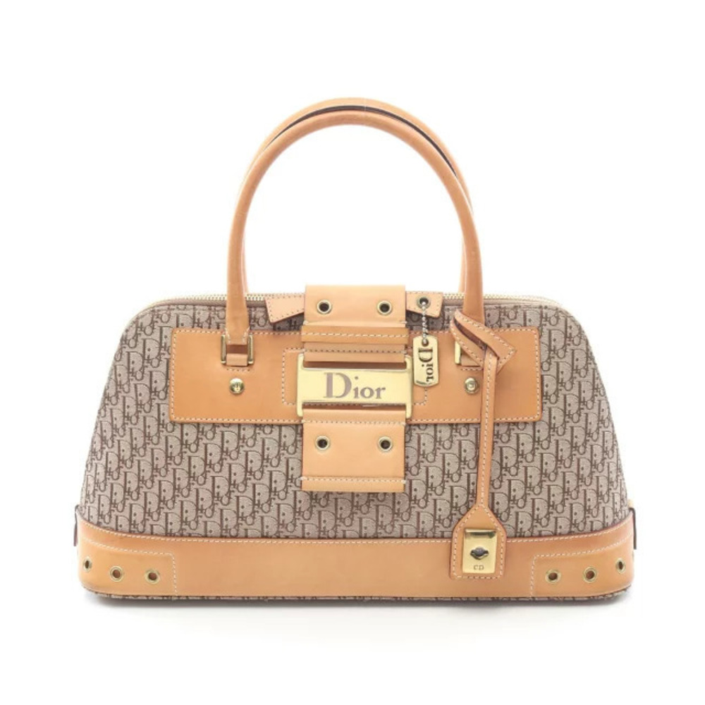 Christian Dior Street Trotter Handbag Canvas Leather Beige Cream Brown